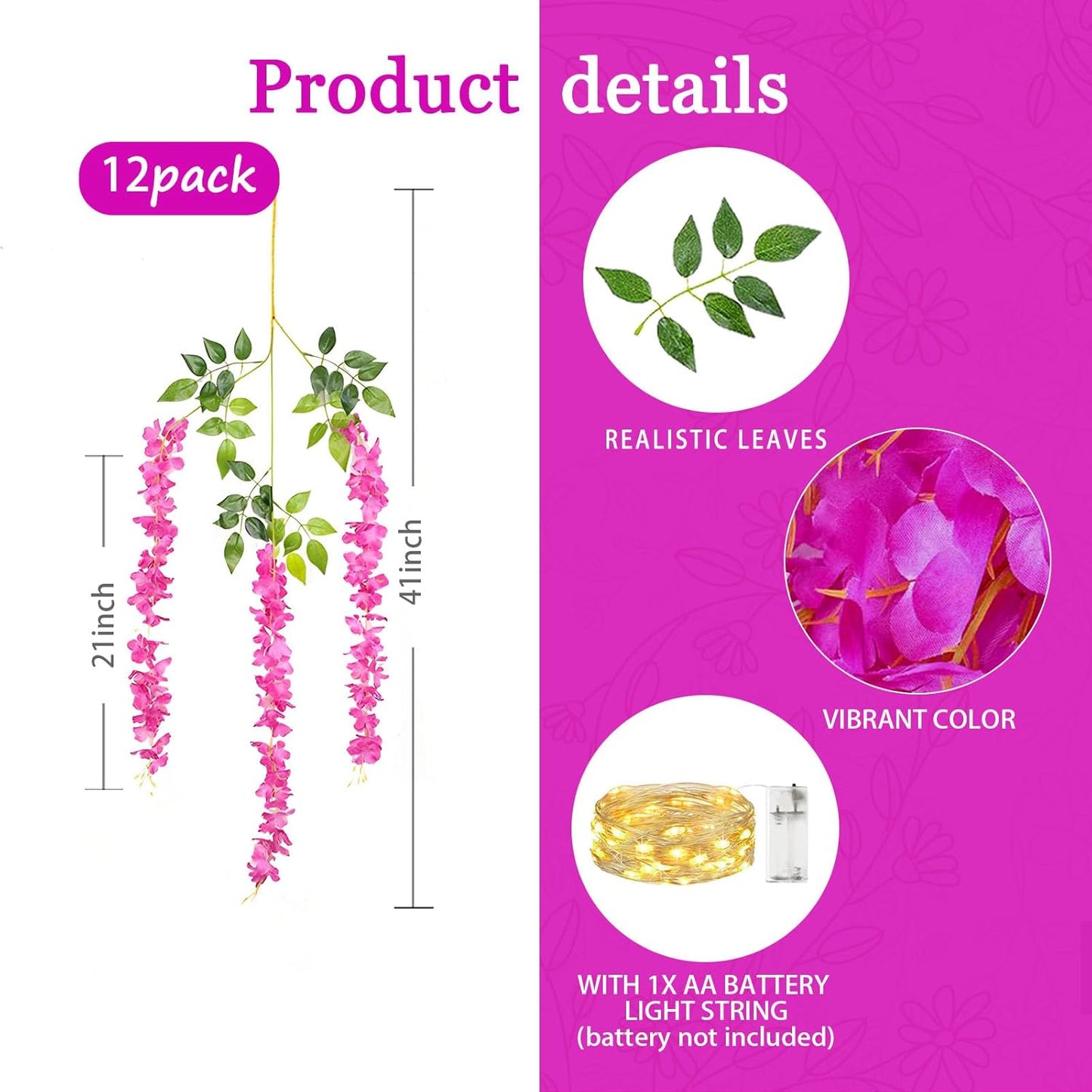 12 Pack Purple Red Wisteria Hanging Flowers Garland with Lights, 3.44 Feet Artificial Flower Vines, Fake Wisteria, Artificial Vines Hanging Garland for Backdrop Outdoor Patio Garden Decor