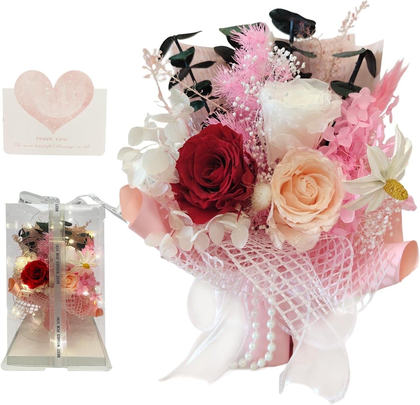 Preserved Flowers Bouquet Romantic Valentines Day Gift for Her LED Light 3 Preserved Real Rose for Delivery Christmas Mothers Day Birthday Gifts for Women Mother Wife Girlfriend (Pink)