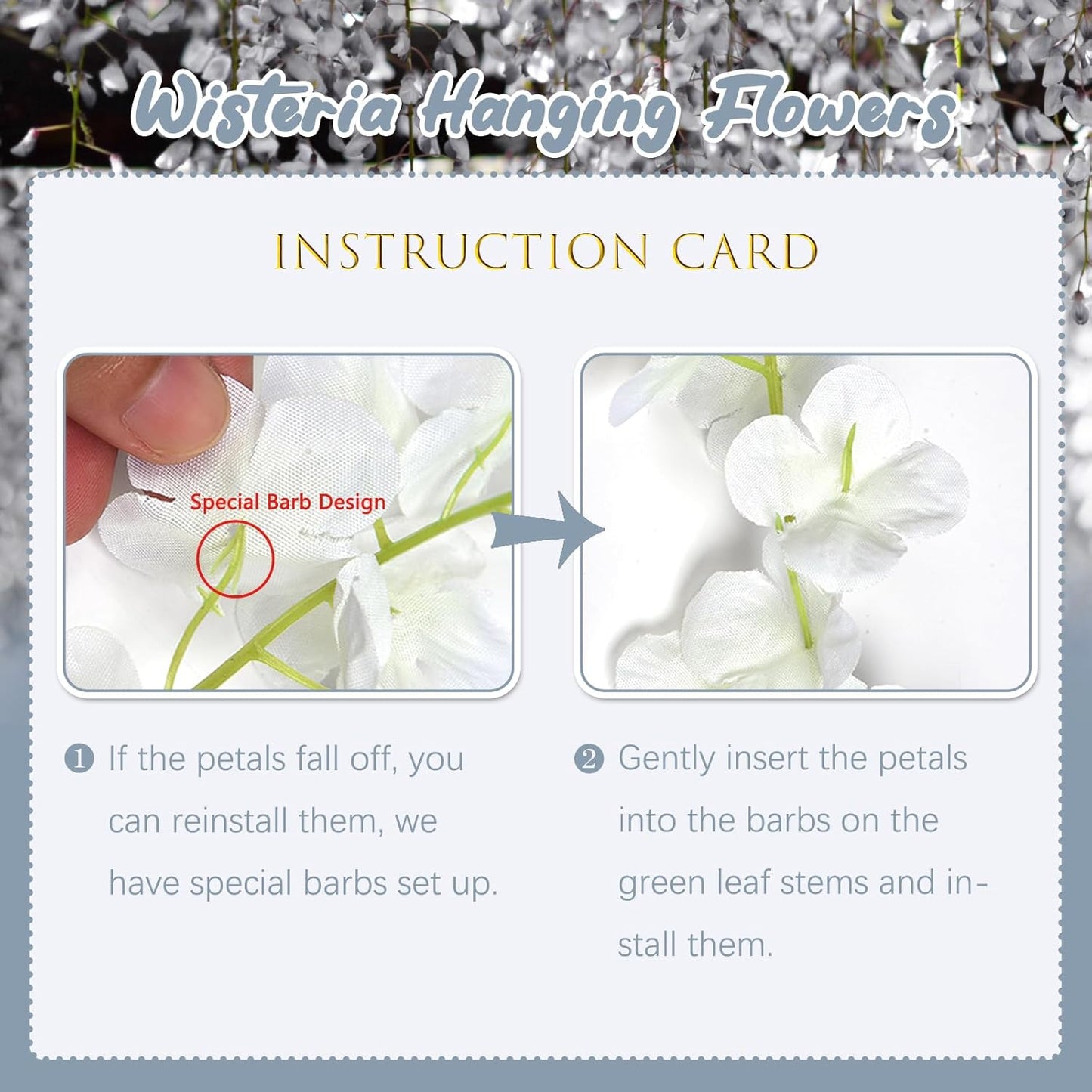 24 Pack Grey Wisteria Hanging Flowers, 3.4 Ft Fake Hanging Flowers, Artificial Wisteria Garland Vines for Wedding Room Backdrop Outdoor Patio Garden Decoration