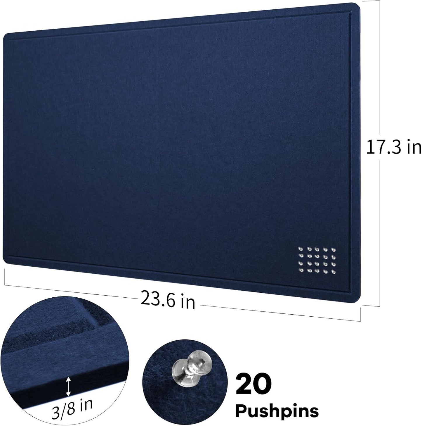 Bulletin Board, 24 x 18 inches Felt Board Decorative Pin Board, Cork Board Alternative for Wall, Foldable Photo Board Self-Adhesive Vision Board Mood Board with 20 Pushpins - Dark Blue