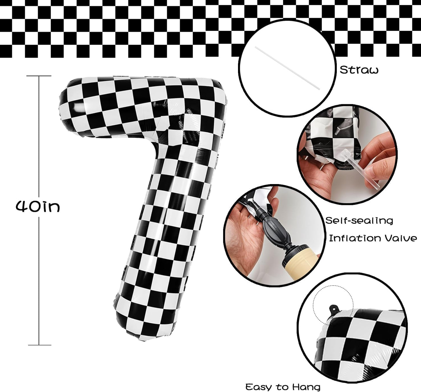 40 Inch Checkered Number Balloon - Race Flag Pattern Big Helium Balloon for Birthday Party Decorations - Black & White Balloon for Kids Adults Party Supplies (Racing Car, Number 7)