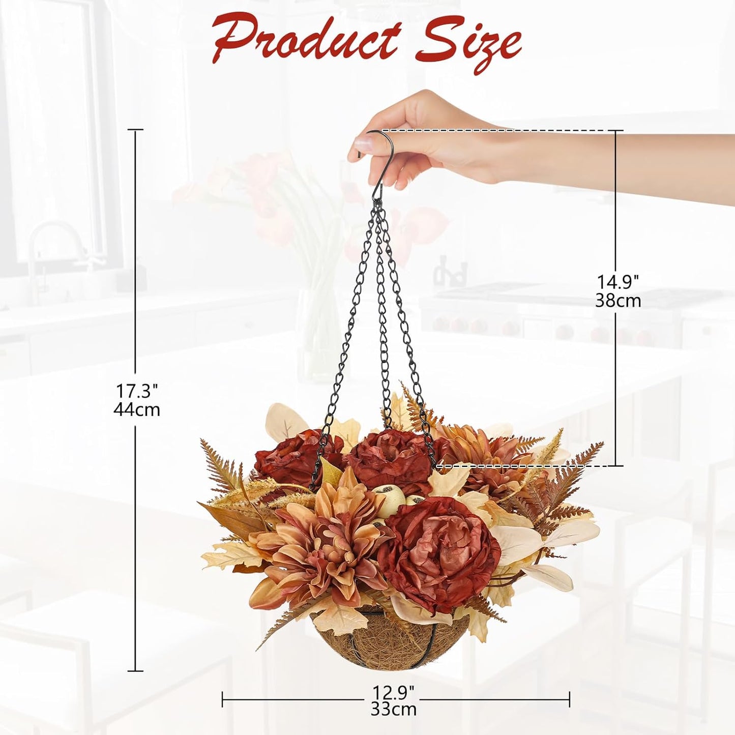 Hollyone Fall Hanging Baskets Peonies Artificial Flowers Fall Hanging Decor Peonies Flowers Faux Plants Baskets for Indoor Outdoor Fake Peony for Porch Patio Garden Autumn Decorations for Home