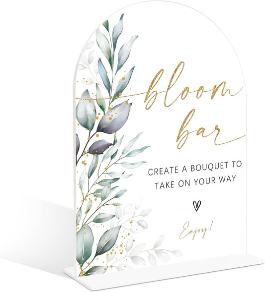 Acrylic Wedding Signs, Greenery Theme Bloom Bar Sign, Wedding Reception Signage, Bridal Shower Table Decor with Stand, Bloom Bar Supplies for Engagement, Anniversary, Newlywed Events and Parties, 01