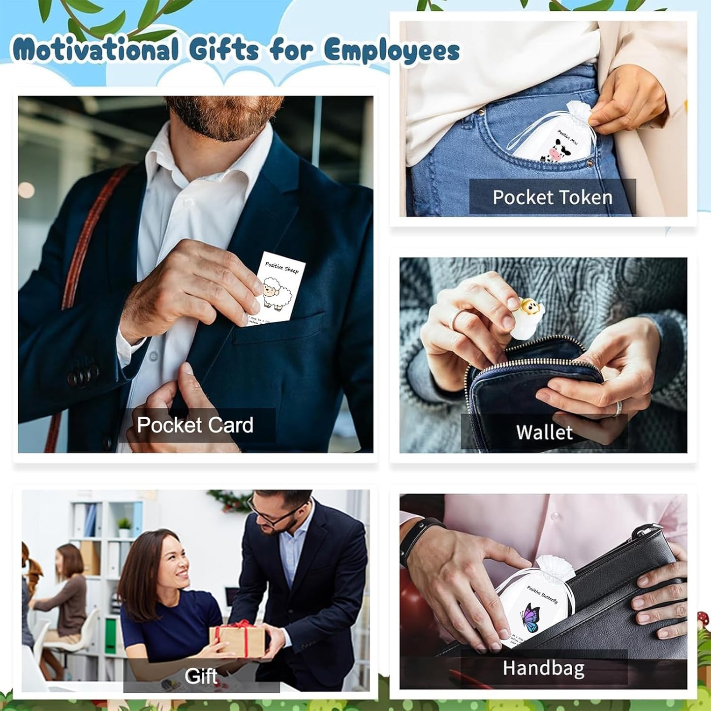 100 Set Employee Appreciation Gifts Bulk for Thank You Staff Back to School Student Teacher Office Coworker Nurse Pocket Gifts Animal Pun Inspirational Note Cards Butterfly Snail Cow Sheep Favors