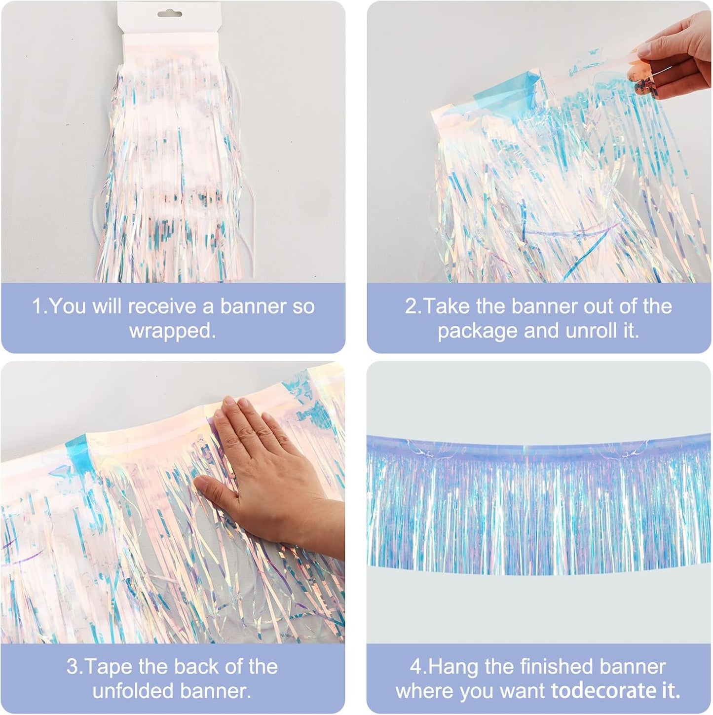 BEISHIDA 3 Packs 30 Feet Metallic Foil Fringe Garland Tinsel Streamers，Iridescent Blue Wall Hanging Tinsel Fringe Banners for Wedding Birthday Party Decoration Halloween Christmas New Year