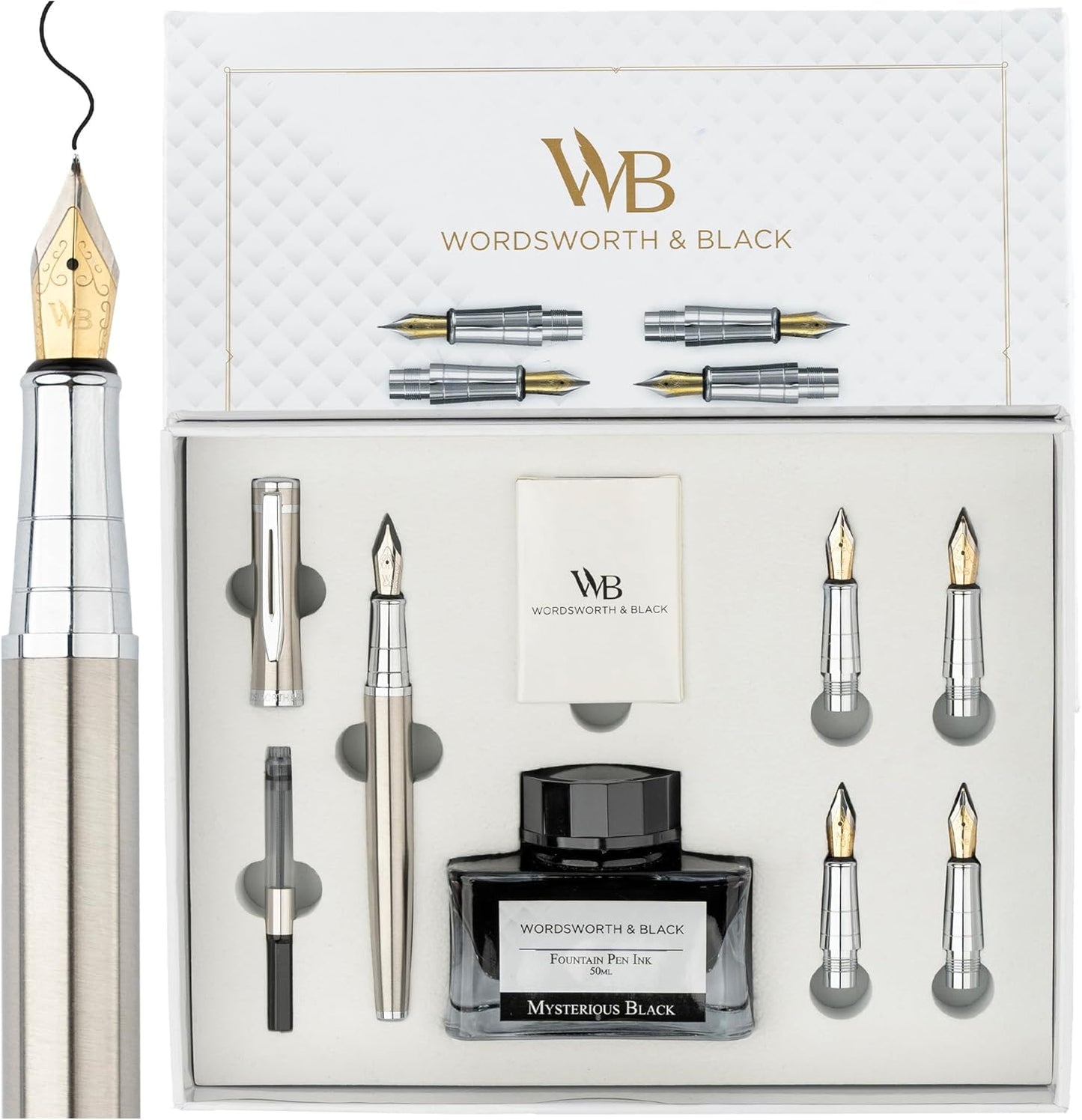 Wordsworth & Black Fountain Pen Gift Set, Includes Ink Bottle, 6 Ink Cartridges & A Refill Converter, 4 Replacement Nibs, Premium Package, Journaling, Calligraphy, Smooth Writing Pens [Silver Chrome]