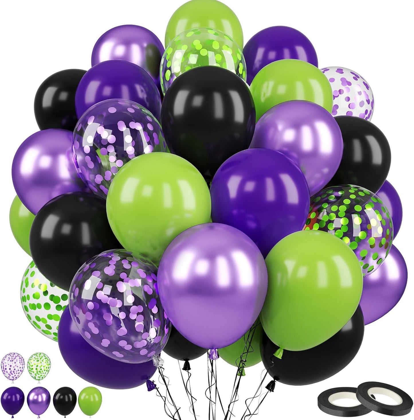 Purple Green Balloons, 12 Inch Halloween Balloons Set, Matte Black Fruit Green and Metallic Purple Confetti Balloon Latex Helium Balloon for Birthday Horror Halloween Party Decorations Indoor Outdoor