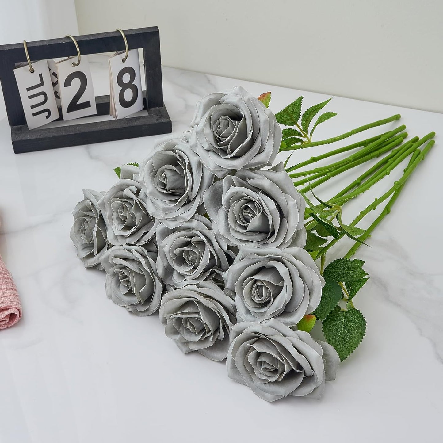 Artificial Rose 10pcs Open Flower Bouquet Faux Rose Stems for Wedding Arrangement, Bridal Bouquet, Centerpiece, Fake Faux Silk Flowers (Grey)