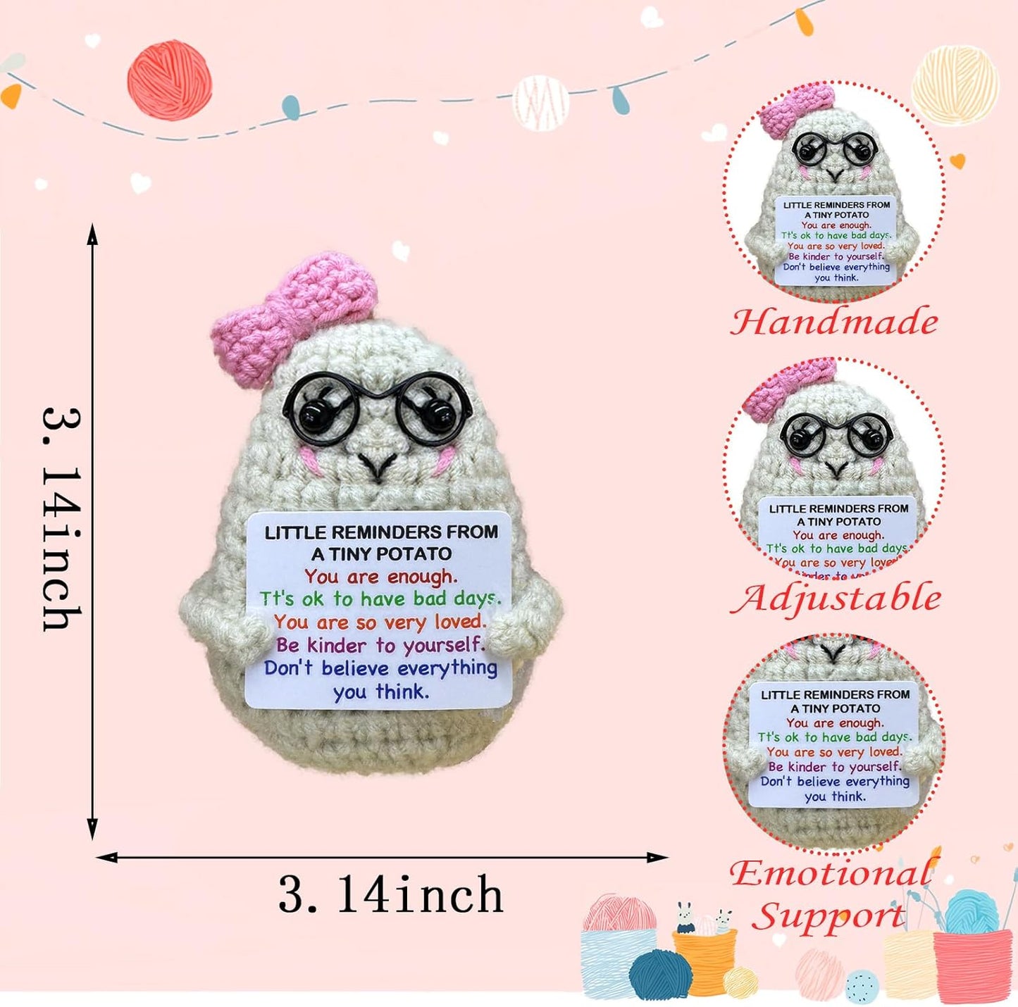 Handmade Crochet Positive Potato Gifts for Women Men Daughter Son Birthday,Teacher Nurse Week Graduation Gift,Handmade Kintted Crochet Doll with Emotional Encouragement Card,Desktop Decors