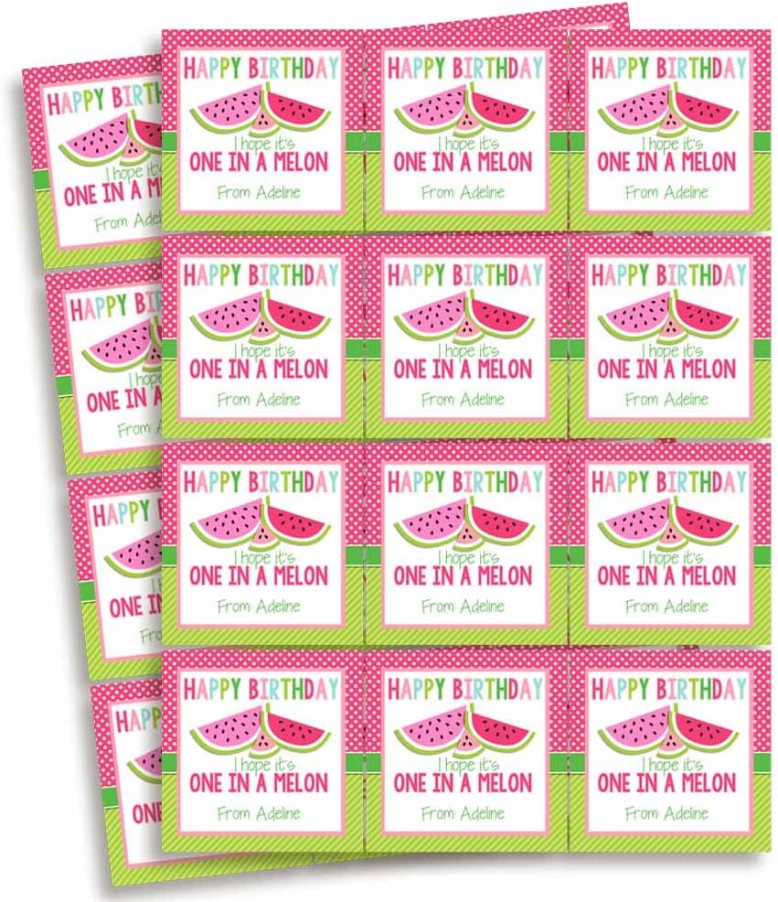 Custom & Personalized One in A Melon Watermelon Happy Birthday Gift Tag Sticker Labels, 24 2.5" Square Stickers by Amanda Creation