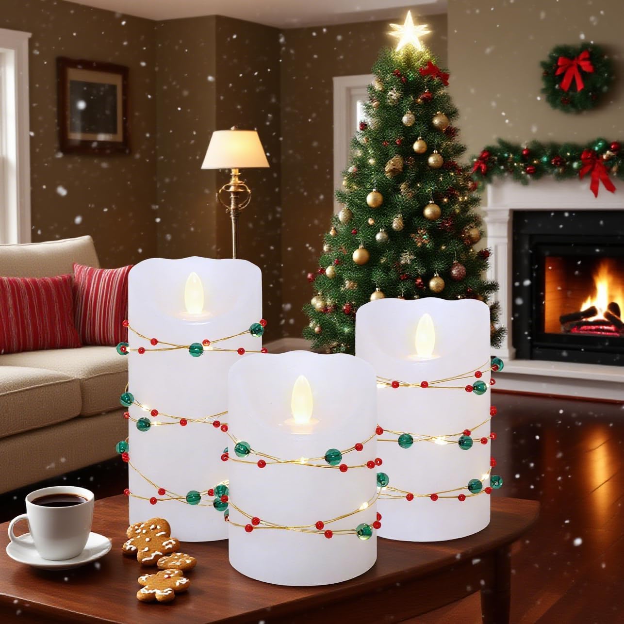 Christmas Flameless Candles with Red Green Beads String Lights - Real Wax Christmas Decor Battery Operated Candles with Remote & Timer- Home Party Bedroom Holiday Xmas Decorations - Set of 3