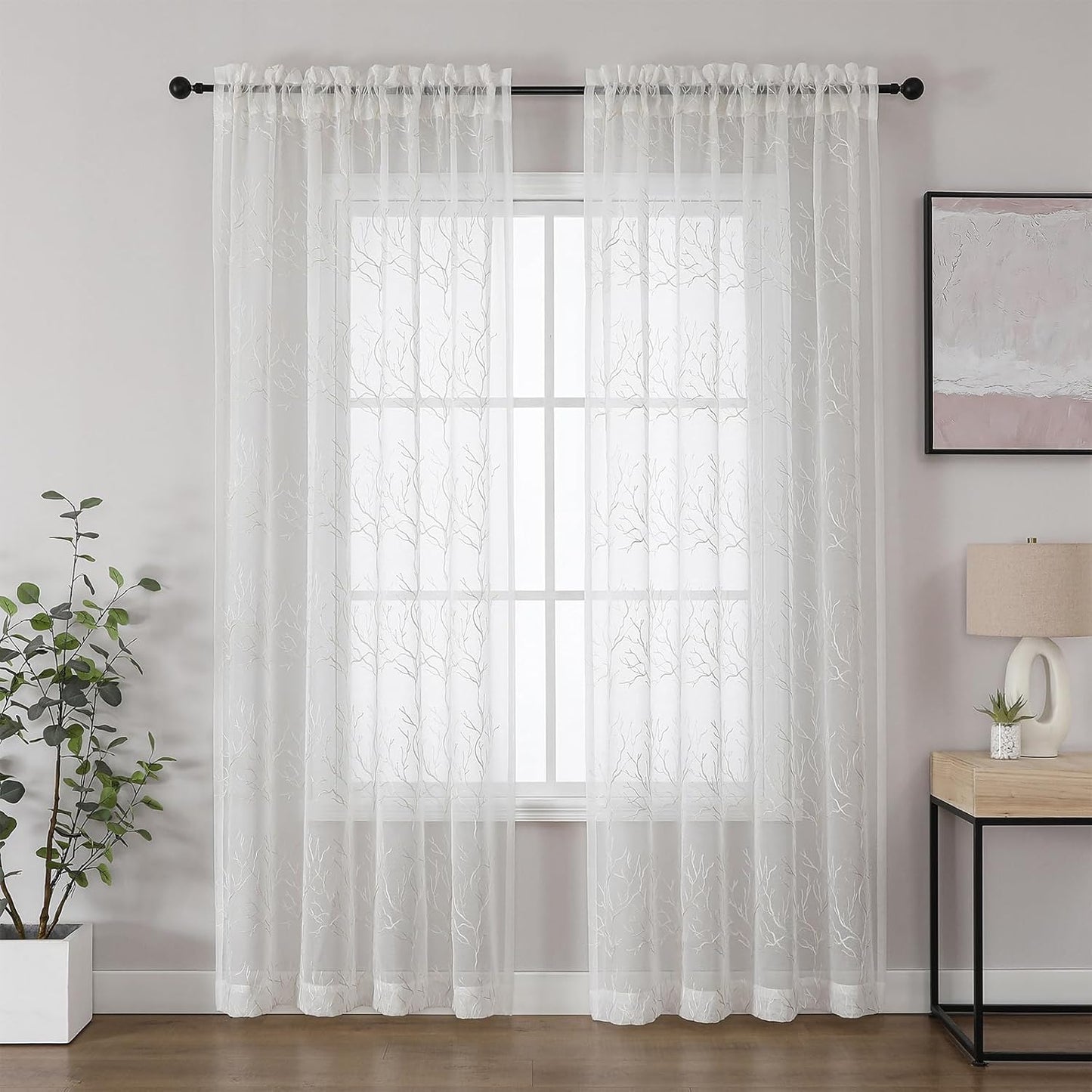 VISIONTEX Sheer Curtains 84 inch Length 2 Panels Set, Decorative Beige Coral Embroidery, Rod Pocket Embroidered Window Drapes for Living Room and Bedroom, 54" x 84"