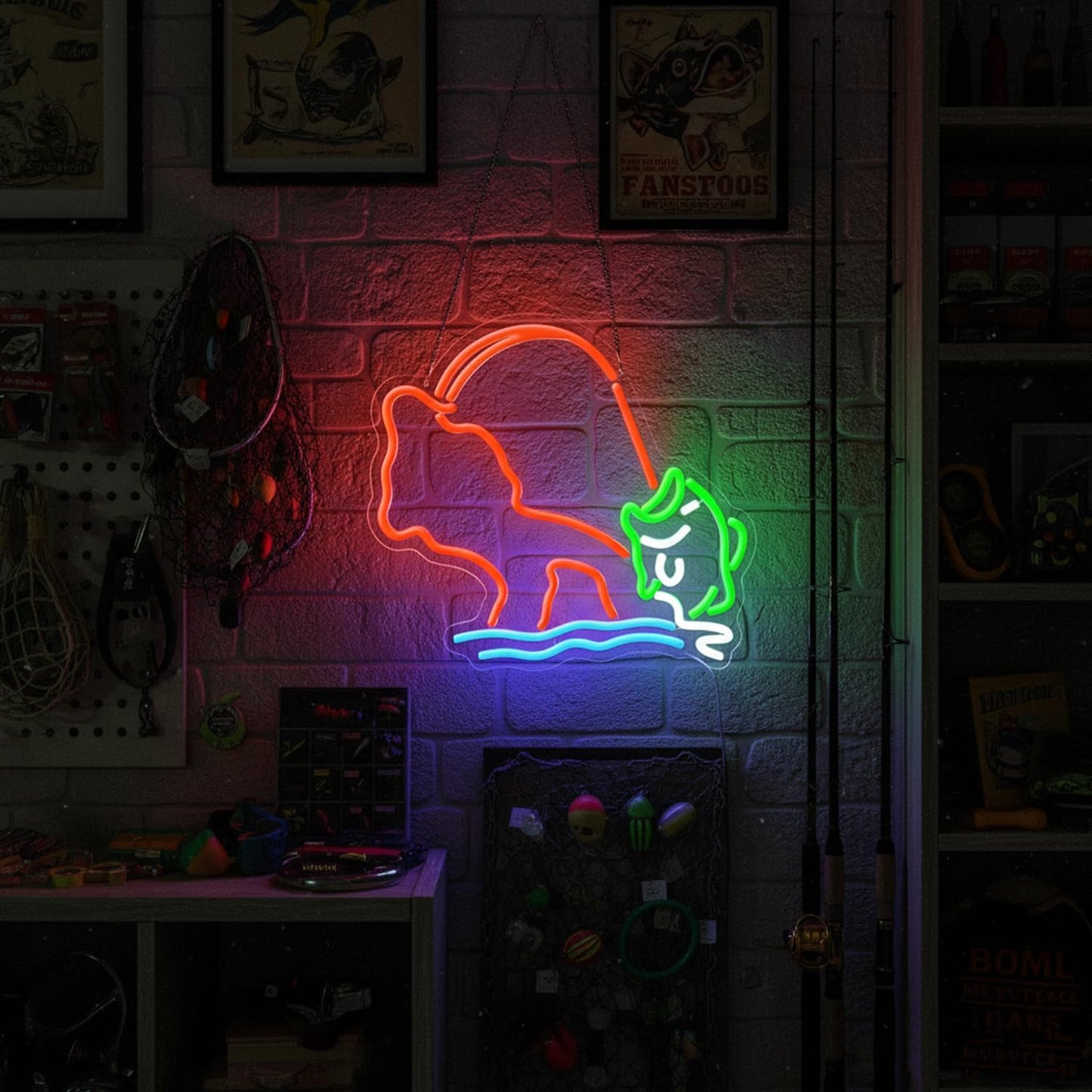Fishing Neon Sign,Neon fish Sign,Neon Signs for Wall Decor,LED Light Up Man Cave Sign with Fish Rod Graphic,Cool Gifts for Fishermen,Bar,Cabin,Rustic Lake House,USB Powered Neon Light