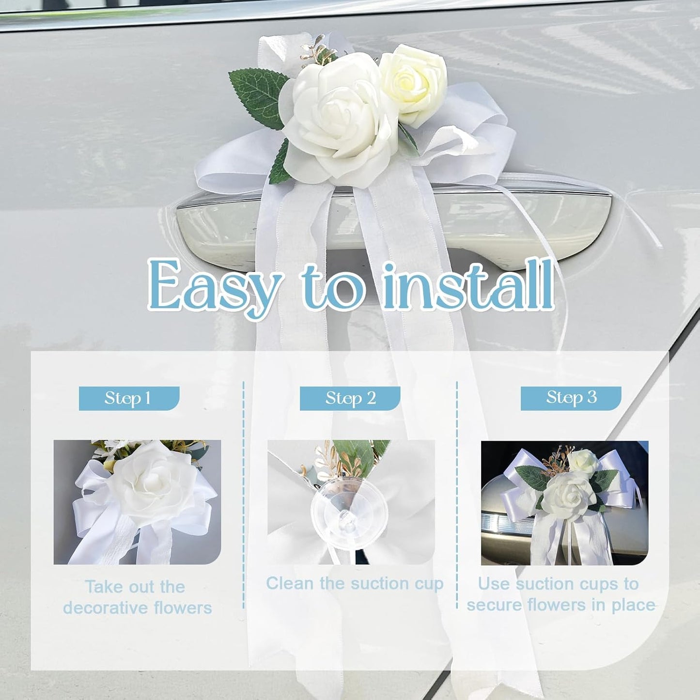 4PCS Wedding Car Door Handle Decorative Flowers, White Artificial Cars Bouquet Flower Bowknot Ribbon Decor, Just Married Automotive Decorations Accessories for Door Handles