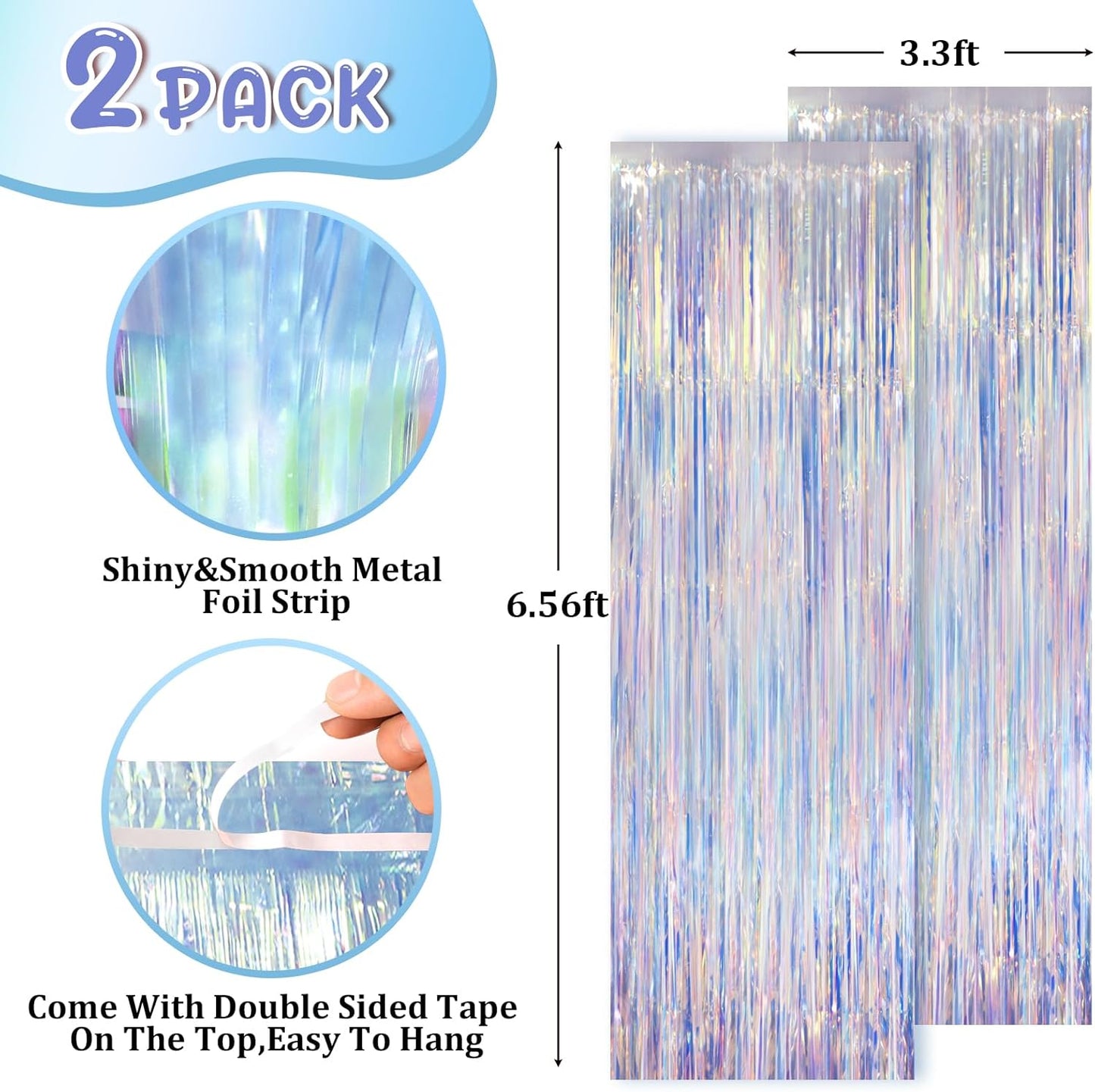 2 Pack Iridescent Foil Fringe Curtains, Holographic Tinsel Streamers Birthday Party Decorations, Fringe Backdrop for Kids Birthday, Baby Shower, Anniversary, Engagement Themes Party