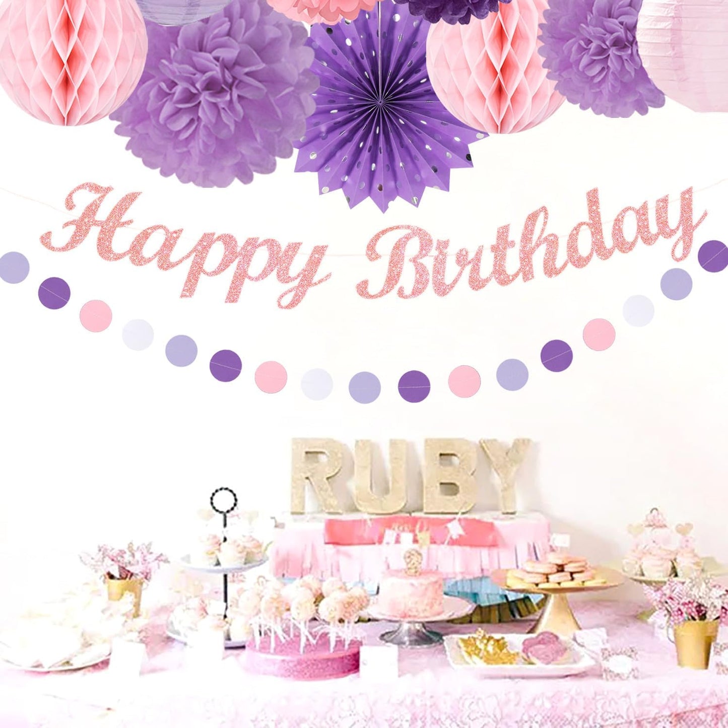 Purple Lilac-Lavender Pink Women Birthday Party-Decorations - 21pcs Happy Banner,Paper Lanterns Honeycomb,Tissue Pom Poms Flower Fan,Classroom Hanging Streamers Garland,Girls Decor Supplies Huglony