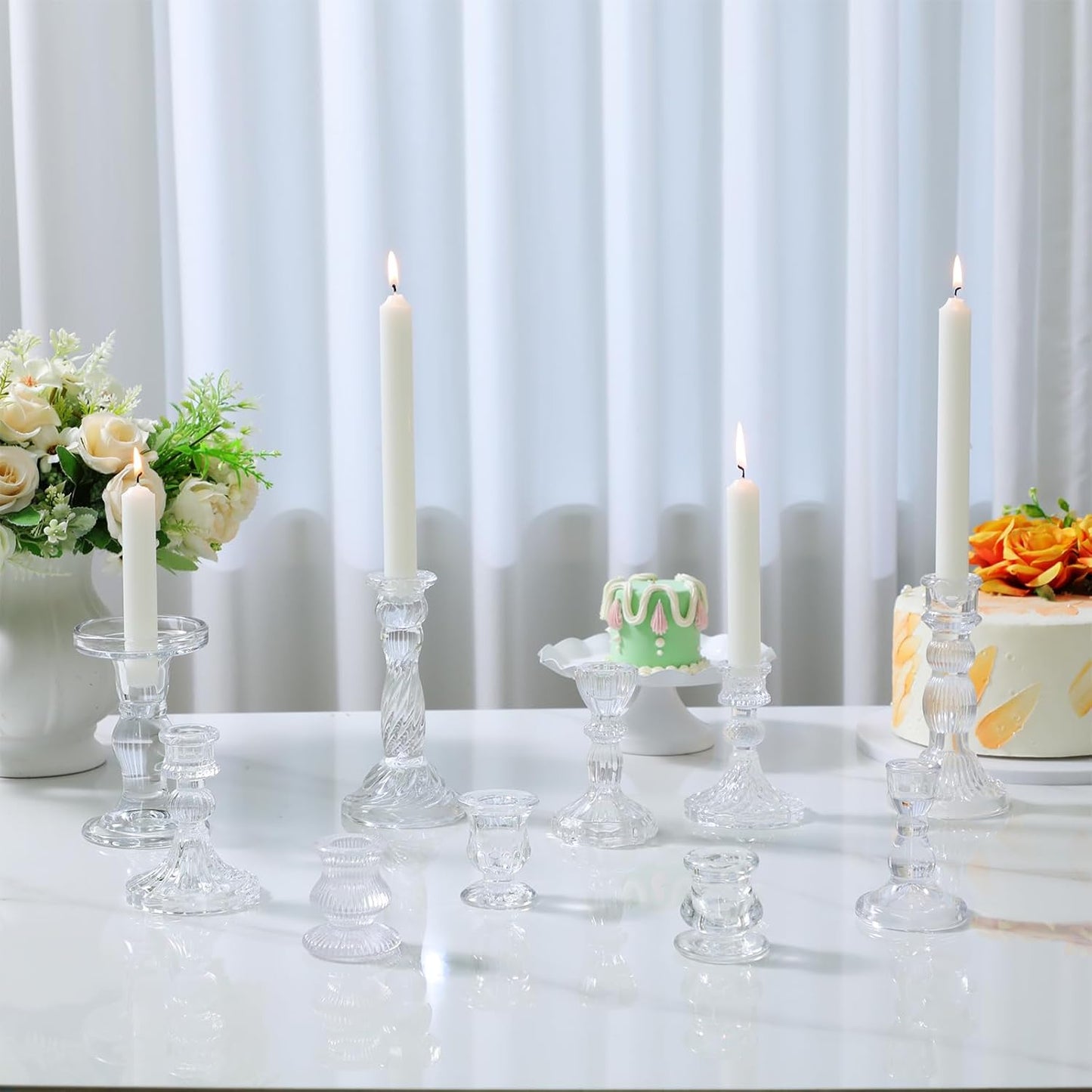 Mumufy 10 Pcs Glass Crystal Taper Candle Holders Clear Glass Candlestick Holder Fit 0.8 Inch Candles Crystal Decorative Candle Stand Centerpiece Table Wedding Dining Party (Classic,Clear)