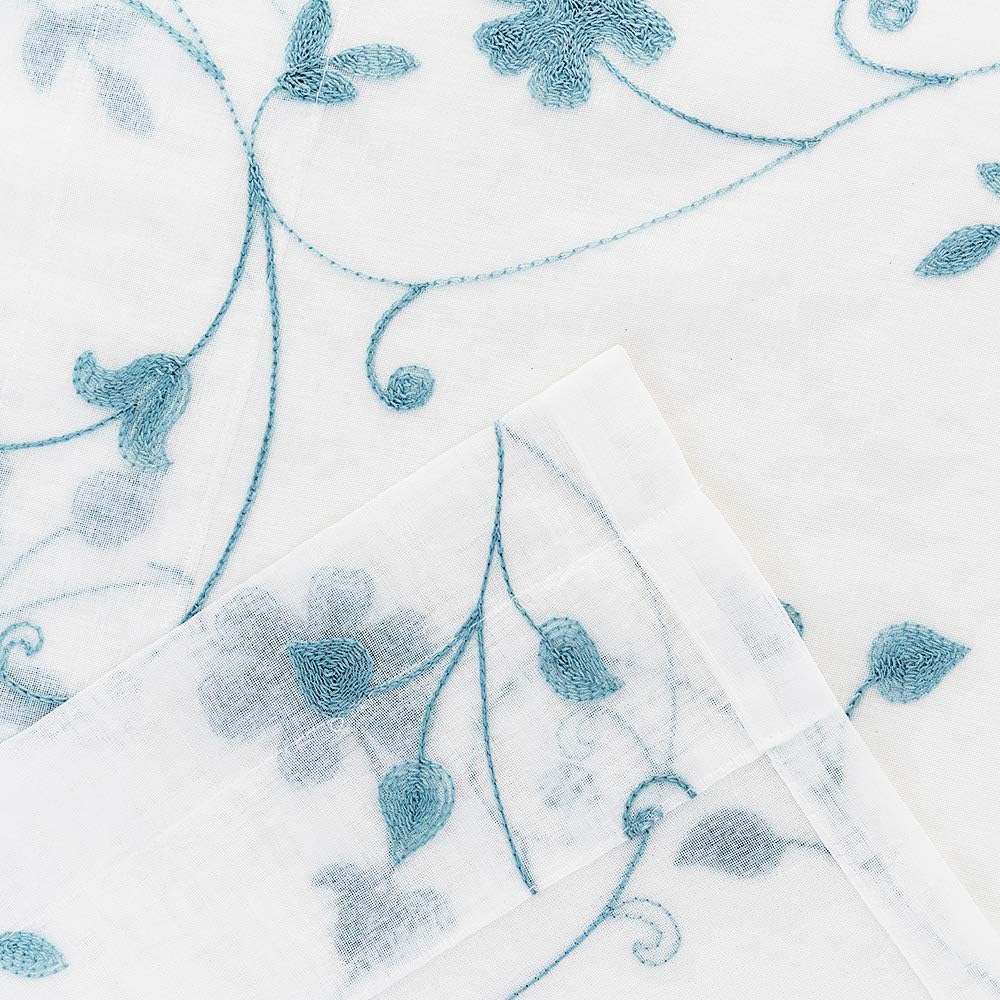 Sheer Curtains Blue 45 Inch Embroidered Floral, Rod Pocket Voile Drapes for Living room, Bedroom, Window Treatments Semi Crinkle Curtain Panels for Yard, Patio, Villa, Parlor, Set of 2, 52"x 45".