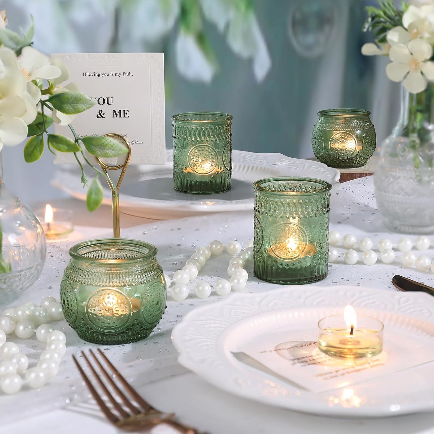 DARJEN 12Pcs Green Votive Candle Holders - Glass Tea Light Candle Holder for Wedding Shower, Candle Holder Bulks for Wedding & Home Table Decor, Vintage Parties Gifts