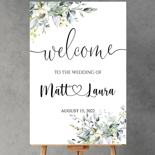 Generic Eucalyptus Wedding Welcome Sign, Editable Plastic Wedding Sign, 12x18, 18x27, 24x36 Inch, 4mm Thick, Weatherproof & Fade-Resistant, Customizable with Names, Date, Message