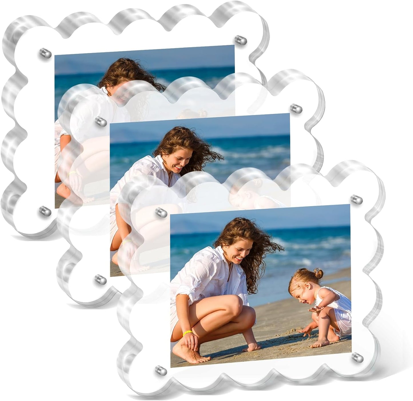 Acrylic Photo Frame 2×3inch - 3Pack Magnetic Picture Frames with 10+10mm Thick Block, Scalloped Edge Design, Double-Sided Magnet Frames for Modern Desktop Display (Clear, 2x3)