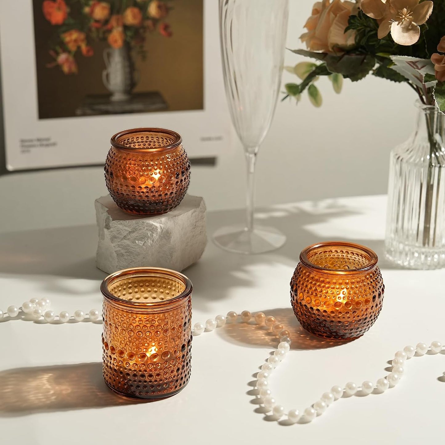 36pcs Amber Votive Candle Holders, Glass Small Tea Lights Candle Holders for Table Centerpiece for Home Decor Party Fall Boho Decor (Amber)