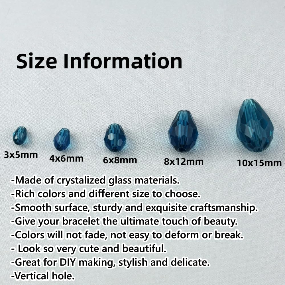 130pcs 6x8mm Teardrop Crystal Glass Beads for Jewelry Making, Faceted Vertical Hole Teardrop Glass Spacer Beads for Wind Chimes Bracelet Earring Necklace DIY Craft(Peacock Blue)