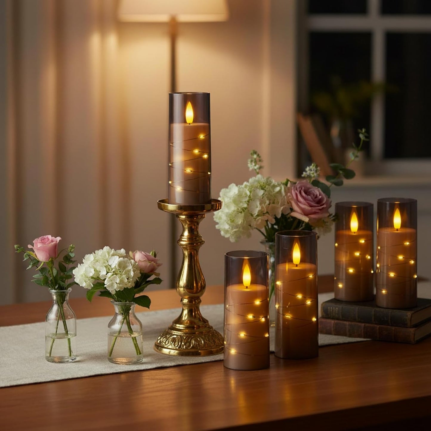 Raycare Flameless Candle with Remote Timer – 5 Flickering Acrylic Battery Operated LED Pillar Candles with Embedded Star String for Halloween, Fall Decor, Harvest Festival Gifts(Grey)