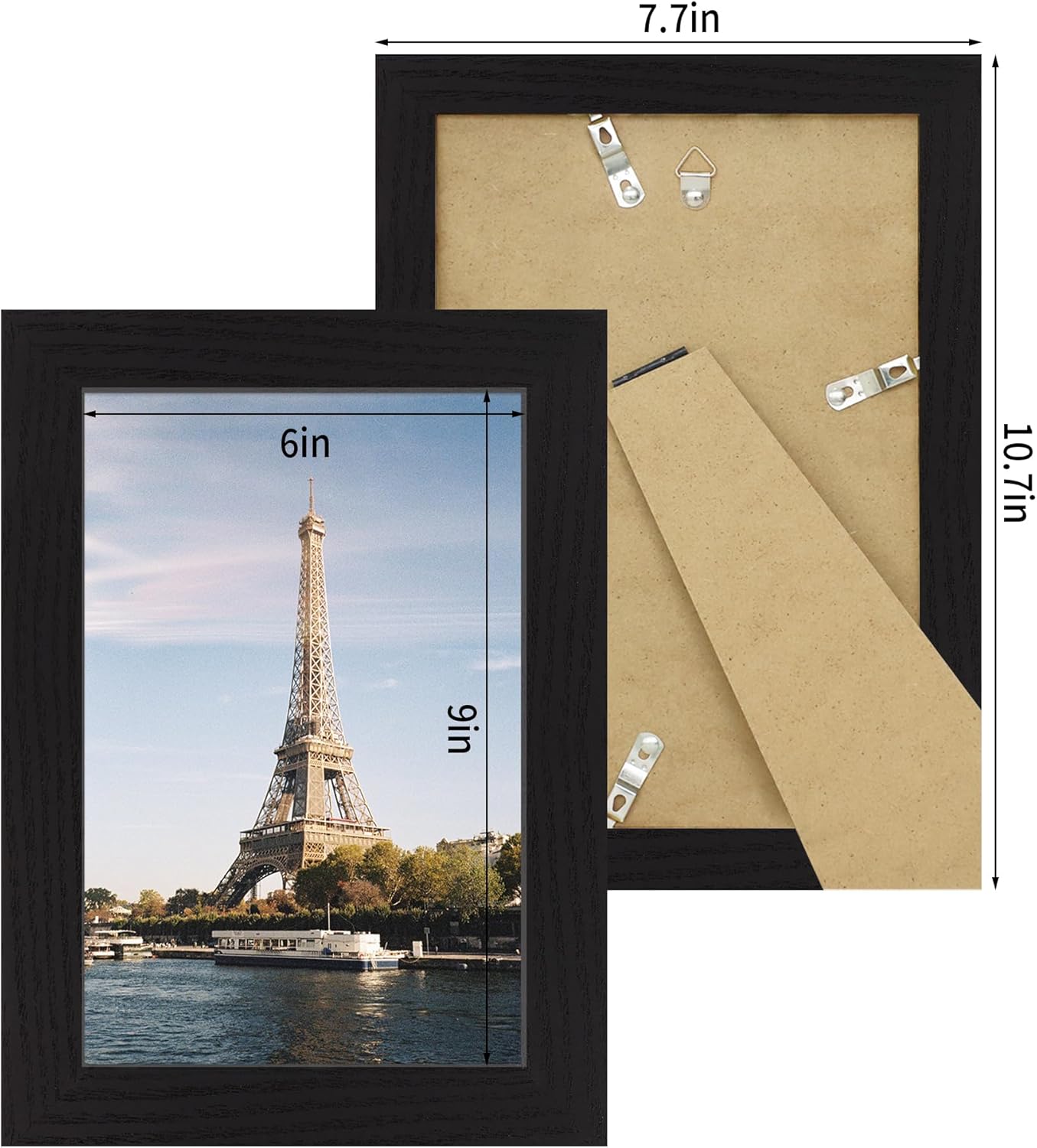 6x9 Picture Frame Set of 4, Black Frame with High Definition Glass, Wood Rustic 6 x 9 Photo Frames for Horizontal or Vertical Table Top and Wall Mounting