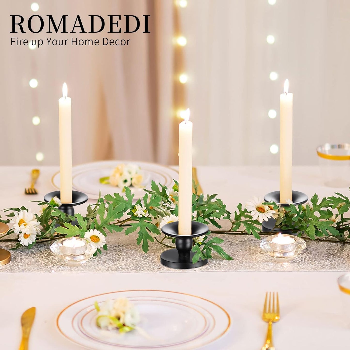 Romadedi Candle Holders for Pillar Candles, Black Pillar & Taper Candle Holder, Small Metal Candle Stick Candle Holder for Wedding, Dining Room Table Centerpiece, Holiday Decor, 4 Pcs