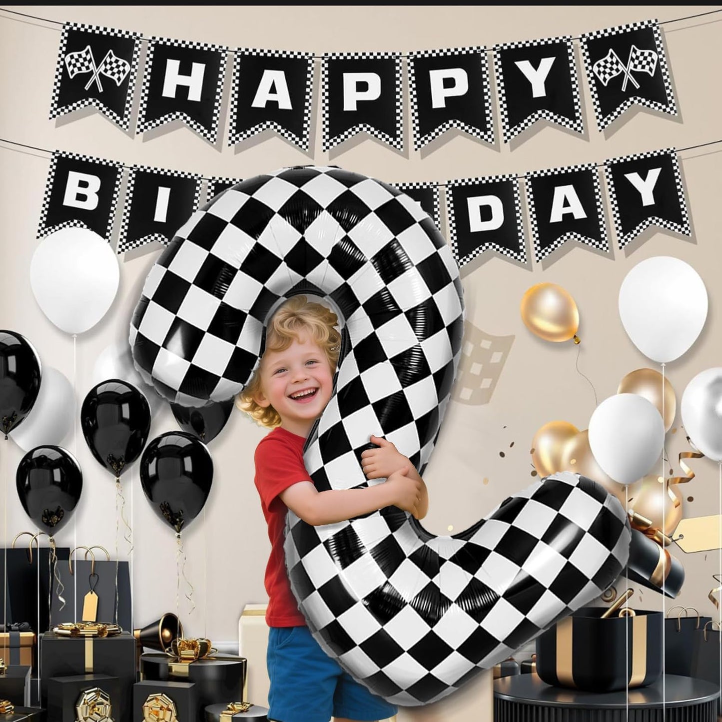 40 Inch Checkered Number Balloon - Race Flag Pattern Big Helium Balloon for Birthday Party Decorations - Black & White Balloon for Kids Adults Party Supplies (Racing Car, Number 2)