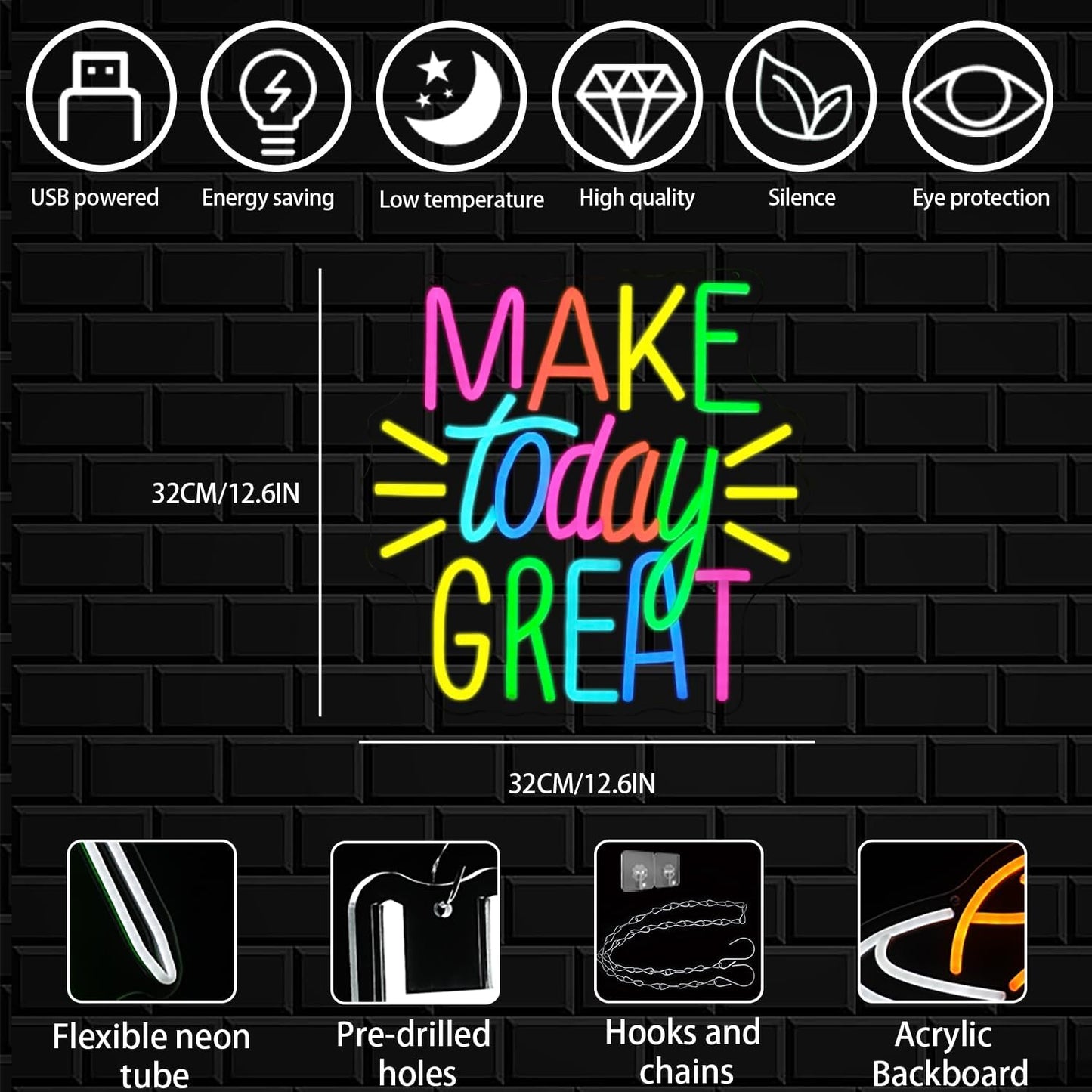 Make Today Great Neon Sign for Wall Decor, Inspirational Colorful Letter Neon Light, Dimmable Motivational Word Led Light Up Sign for Classroom, Cafe, Wedding Party,Birthday Wall Decor