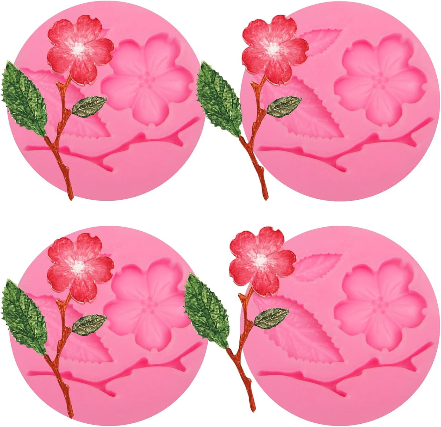Peach Blossom Shape Molds 4 Pcs, Plant Flowers Leaf Fondant Silicone Molds for Cake Decoration Candy Sugar Cupcake Topper Cake Pop Popsicle Polymer Clay Crafts