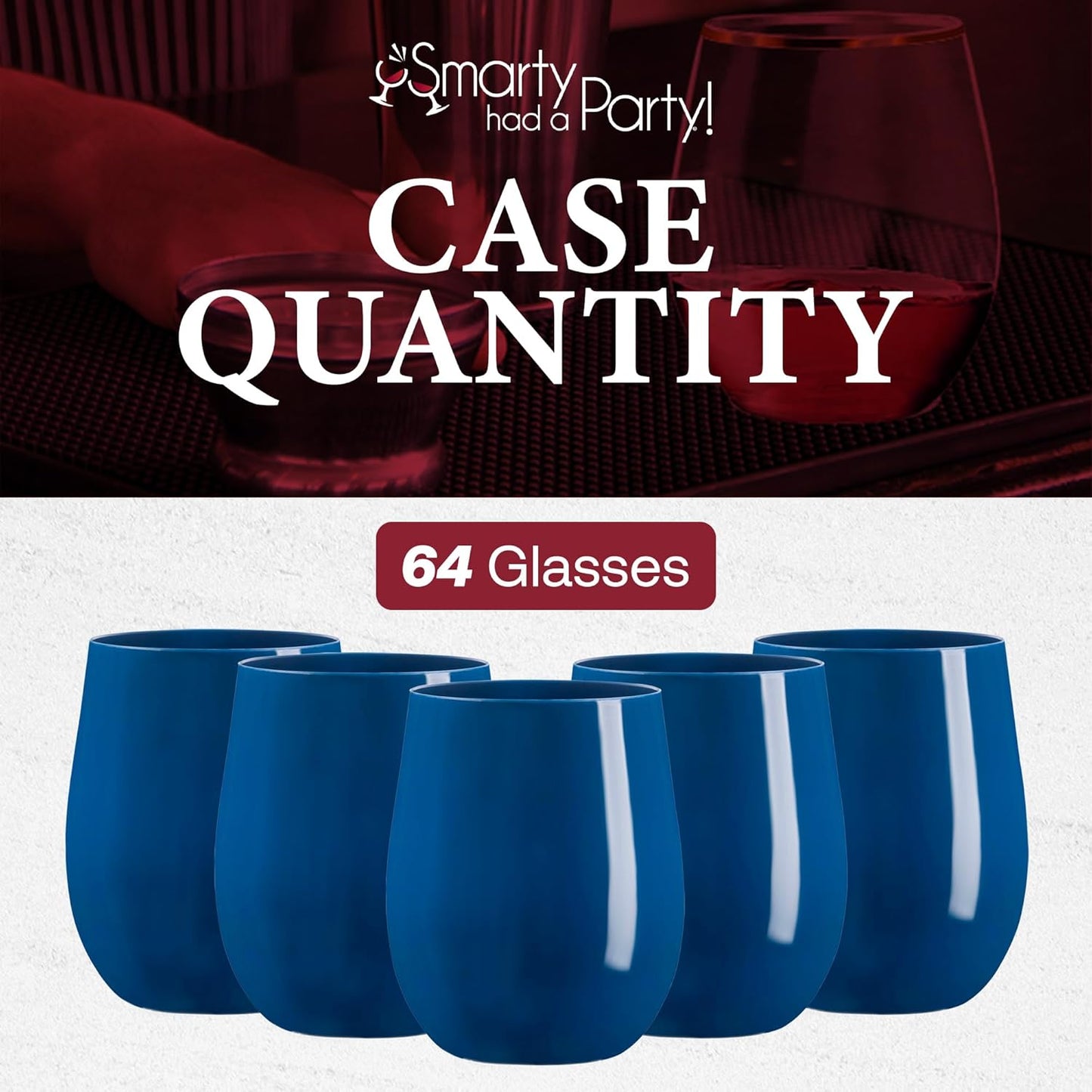 Smarty Had A Party 64 Glasses 12 oz. Solid Navy Elegant Stemless Plastic Wine Glasses, Disposable Drinkware, Plastic Wine Glasses for Parties