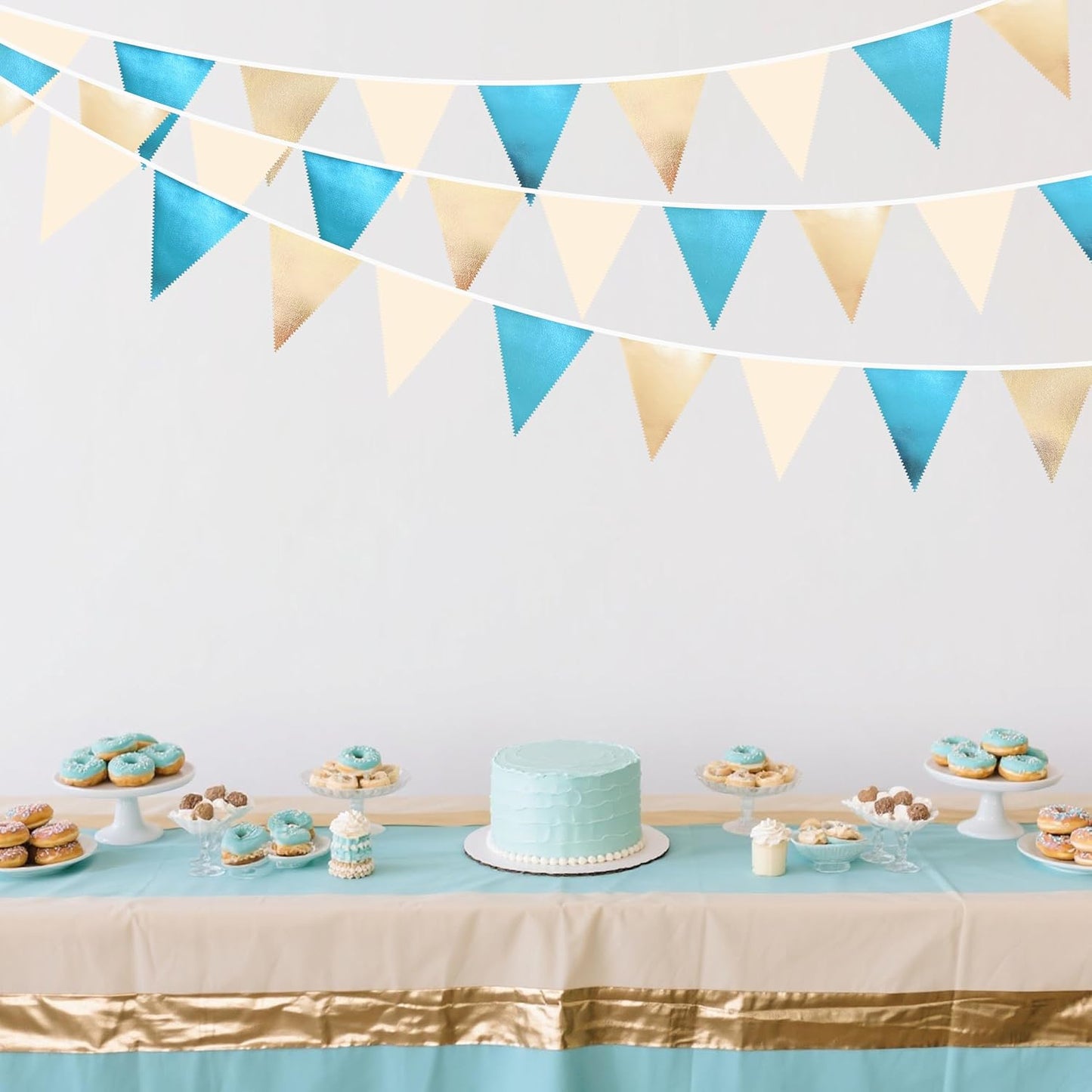 Champagne Gold Sky Blue Beige Decorations Metallic Fabric Triangle Pennant Banner Bunting Flag Garland for Birthday Baby Shower Engagement Wedding Graduation Bridal Shower Party Decorations Supplies