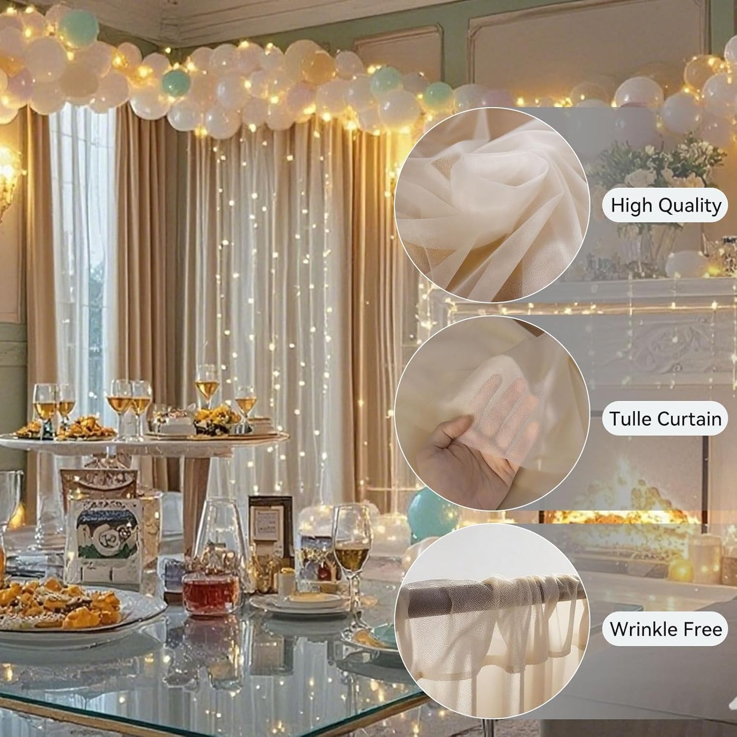 10×10ft Tulle Backdrop Curtains with Lights String - 300LED Fairy Lights Sheer Curtain Backdrop for Weddings Baby Shower and Birthday Party Decorations(8 Panels 5×10ft)