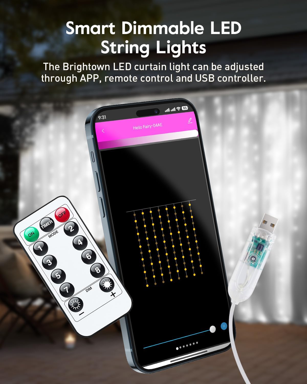 Brightown Smart Curtain String Lights - 9.8ft 300 LED Fairy Light with APP Remote, 8 Modes, USB Powered Waterproof Christmas for Bedroom Wedding Party, White