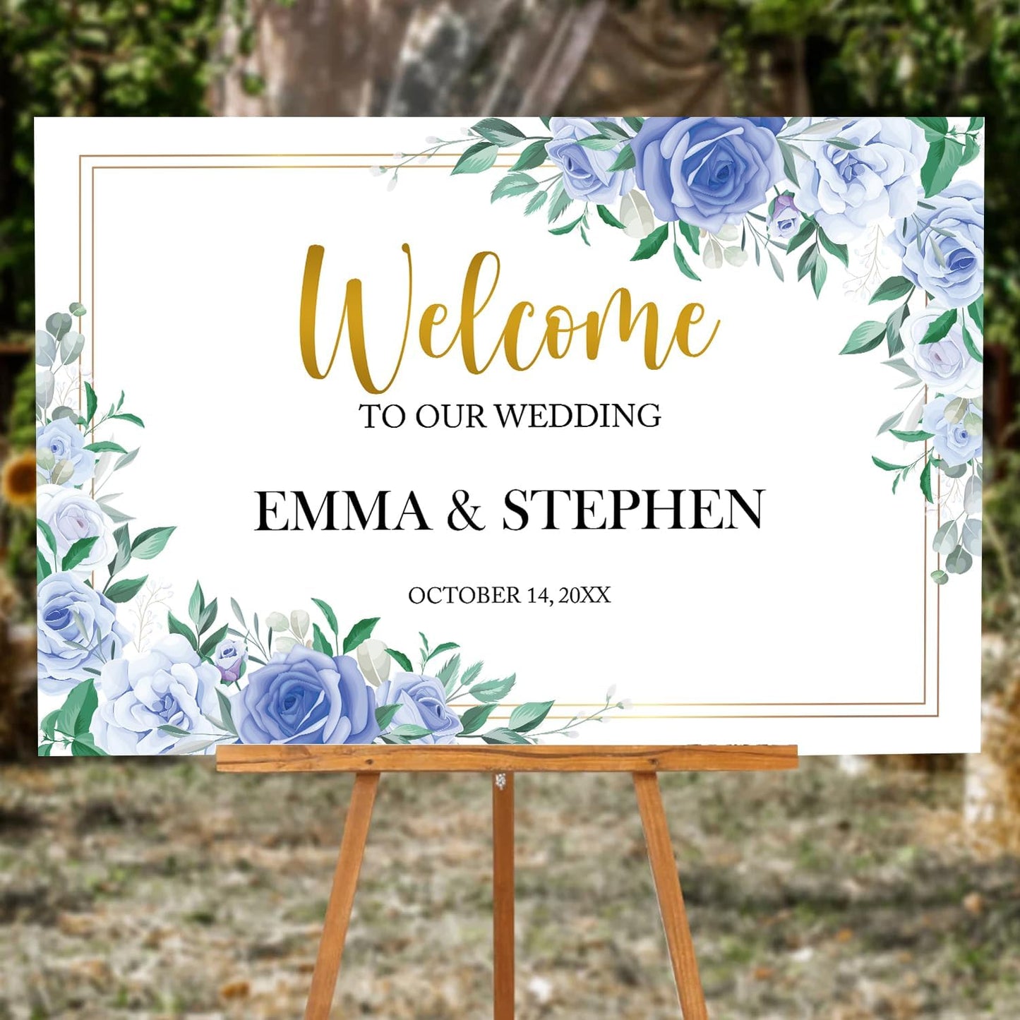 Dusty Blue and Gold Wedding Welcome Sign Template, Printable Landscape Welcome Sign with Blue White Flowers, Elegant Floral Wedding Reception Decor