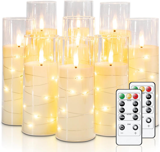 Raycare Flameless Candle with Remote Timer – 9 Flickering Acrylic Battery Operated LED Pillar Candles with Embedded Star String for Halloween, Home Decor, and as a Gift (Ivory)