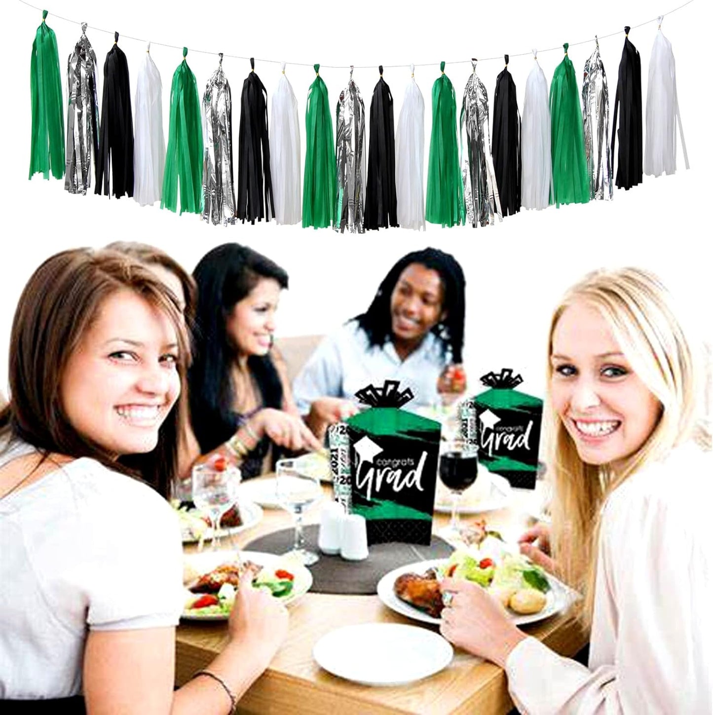 Black Green Silver Football Party-Decorations - 30pcs Soccer Graduation Streamers,Tissue Pom Poms,Tassel Garland Backdrop Men Boys Birthday Spring Sunmer Bunting Jungle theme Banner Lasting Surprise