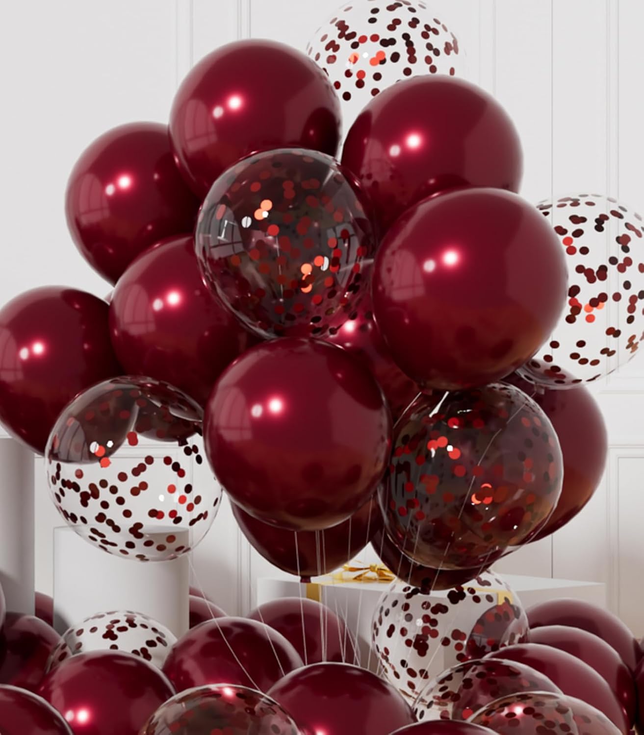 AULE Party Balloons Pack of 42 - Metallic Burgundy Balloons and Confetti Latex Helium Balloons With 64ft Ribbons - 12 Inch Mroon Chrome Balloon Decoration Set