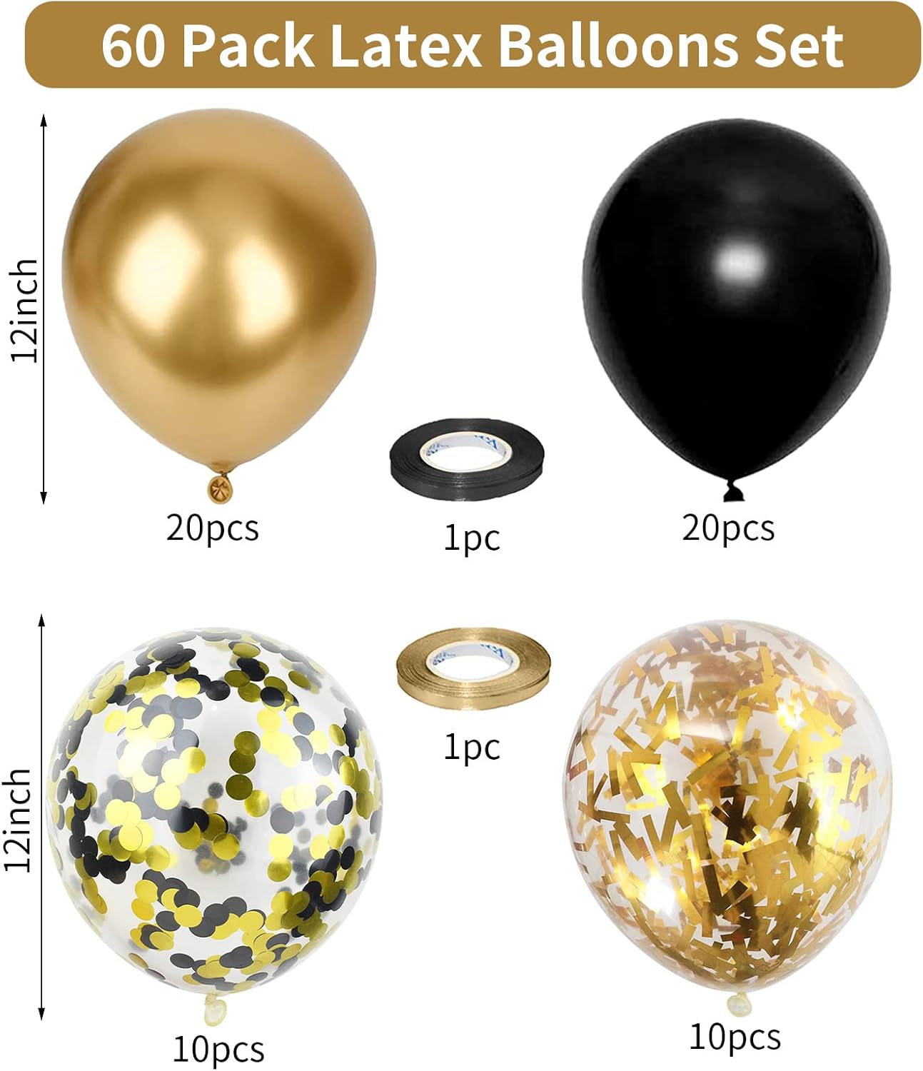 Balloons Black Gold, 60 Packs 12 Inch Black Metallic Chrome Gold Latex Balloons with Gold Confetti Balloon for Men Women Birthday Wedding Baby Shower Graduate Father's Day Anniversary Decorations