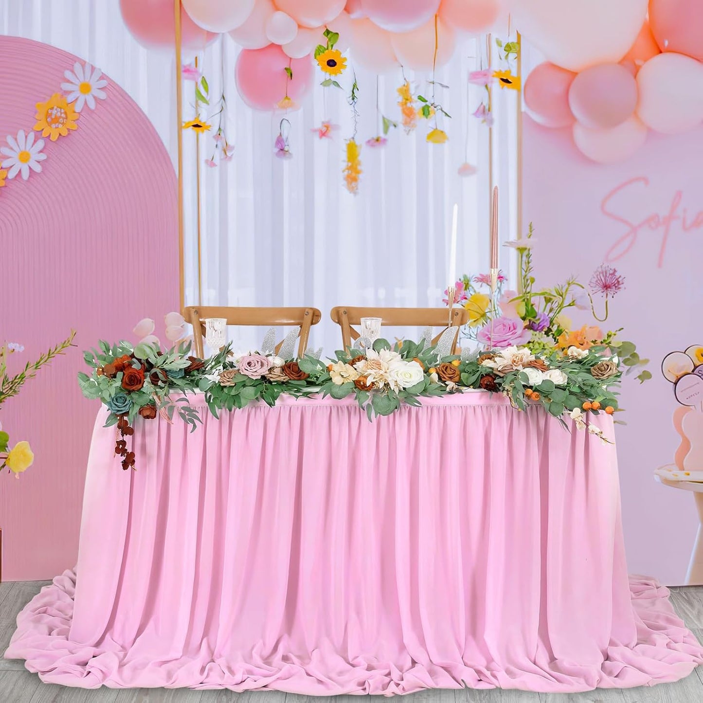 QueenDream Pink Sheer Table Skirts 14ft Chiffon Tablecloth for Rectangle Tables for Baby Shower Birthday Party Wedding Decorations