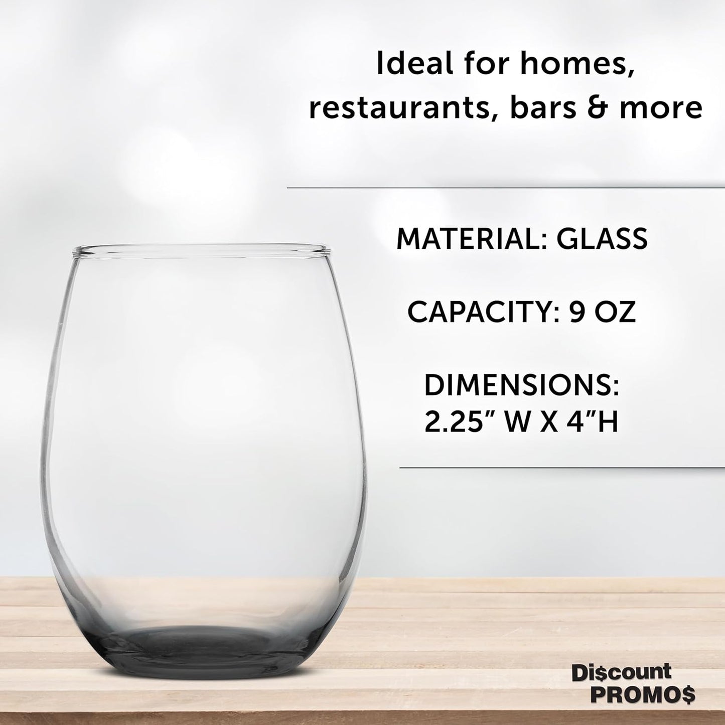 DISCOUNT PROMOS Stemless Wine Glass 9 oz. Set of 10, Bulk Pack - Great for Wedding Favors, Bachelorette Party and More - Black Bottom Color