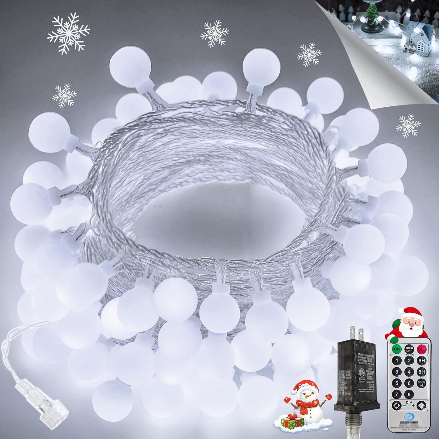 100LED Connectable String Lights Indoor Outdoor for Bedroom, 43ft White Christmas Lights with Remote & Timer, Plug in 8 Modes Waterproof Globe Fairy Light for Christmas Decor Room Classroom Wedding