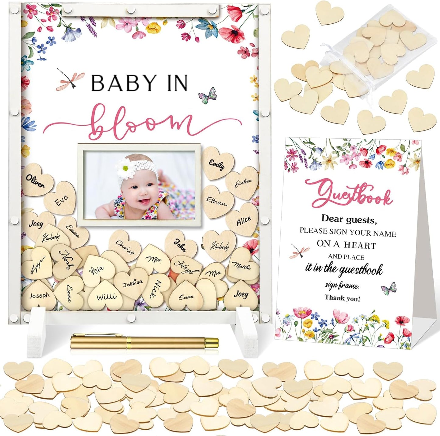 65 Pcs Wildflower Baby Shower Guest Book Alternatives He or She Gender Reveal Baby Shower Decorations Sign in Guest Book with Picture Frame and 60 Wooden Chip