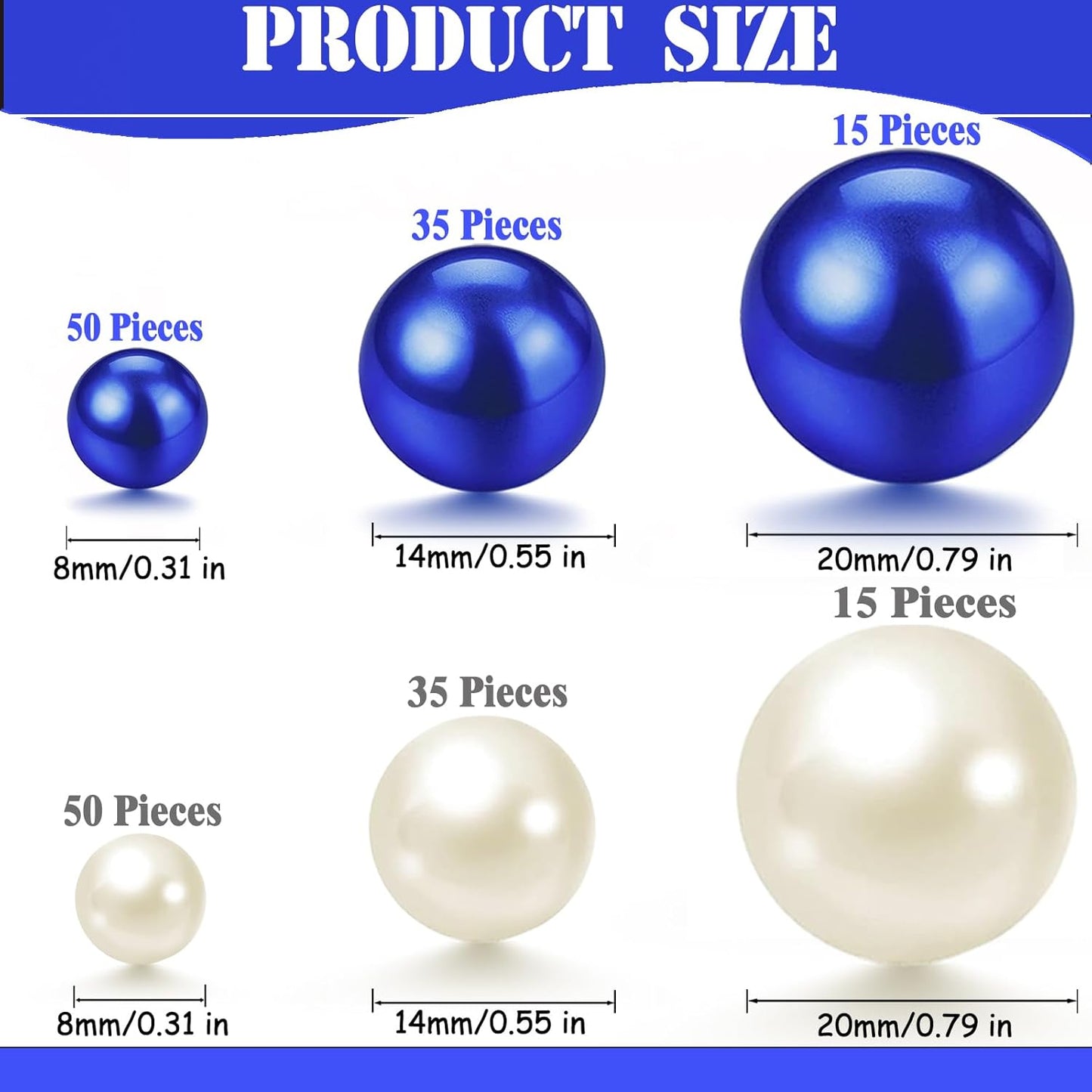 200 Pcs Vase Filler Beads White and Blue Pearl Beads for Vase No Hole Pearls for Centerpieces Vases Home Table Party Decor DIY Wedding 8/14/20mm