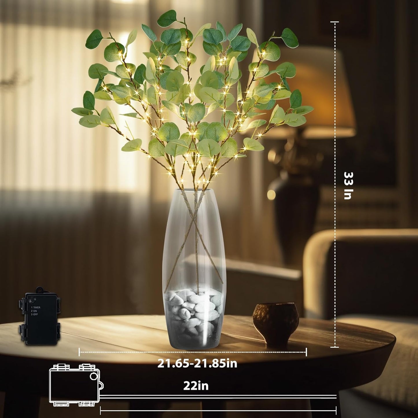 Lighted Artificial Eucalyptus Branches with Timer, Light Up Eucalyptus Branches 33in 99 Led, Battery Powered Vase Lights, Greenery Plant for Home Christmas Party Wedding Decor Indoor Outdoor