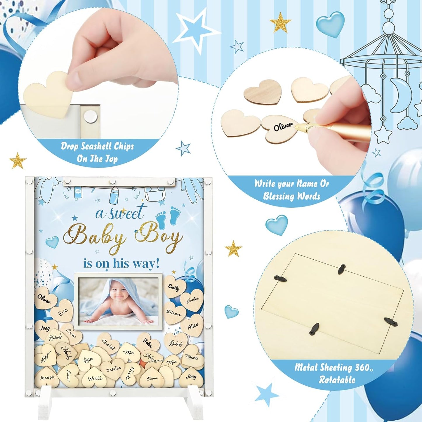 65 Pcs Blue Baby Shower Guest Book Alternatives He or She Gender Reveal Baby Shower Decorations Sign in Guest Book with Picture Frame and 60 Wooden Chip