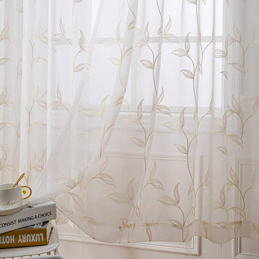 VISIONTEX Sheer Curtains 120 inch Length 2 Panels Set, White Voile Crushed Cream Vine Leaves Embroidery, Rod Pocket Embroidered Window Drapes for Living Room and Bedroom, 54" x 120"